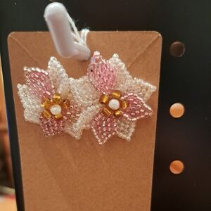 White and pink beaded flower earrings